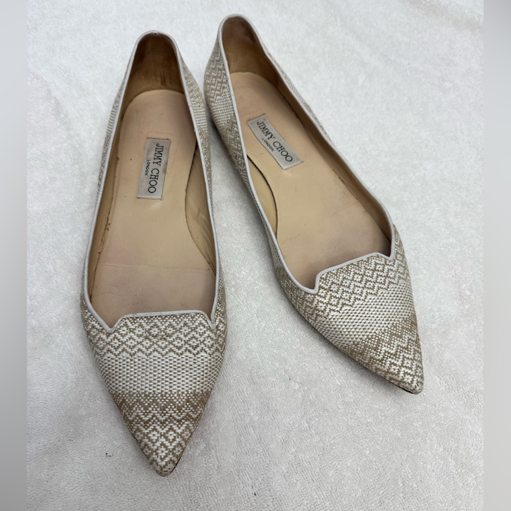 Women’s 11/11.5 Jimmy Choo Attila Woven Flat in Marble White EU42 COA